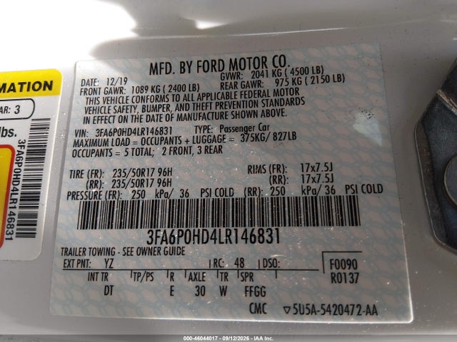 Продажа на аукционе авто 2020 Ford Fusion Se, vin: 3FA6P0HD4LR146831, номер лота: 46044017