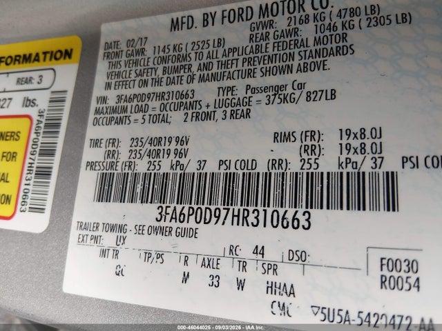 46044025 :رقم المزاد ، 3FA6P0D97HR310663 vin ، 2017 Ford Fusion Platinum مزاد بيع