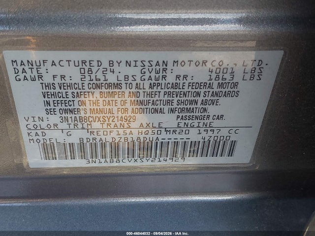 Продаж на аукціоні авто 2025 Nissan Sentra Sv, vin: 3N1AB8CVXSY214929, номер лоту: 46044032