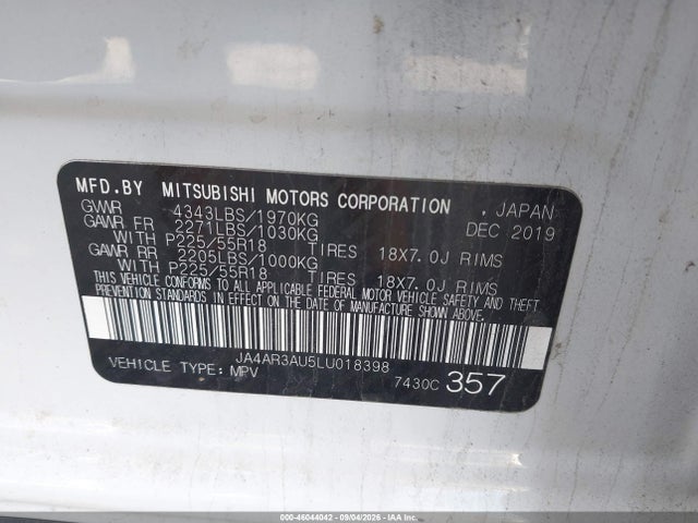 46044042 :رقم المزاد ، JA4AR3AU5LU018398 vin ، 2020 Mitsubishi Outlander Sport 2.0 Se Awc مزاد بيع