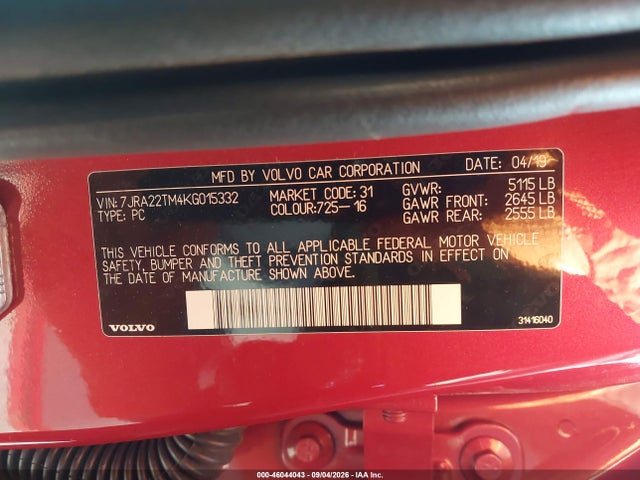 46044043 :رقم المزاد ، 7JRA22TM4KG015332 vin ، 2019 Volvo S60 T6 R-design مزاد بيع