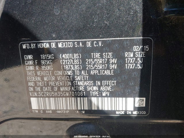 Aukcja sprzedaży 2016 Honda Hr-v Lx, vin: 3CZRU5H35GM701061, numer aukcji: 46044048