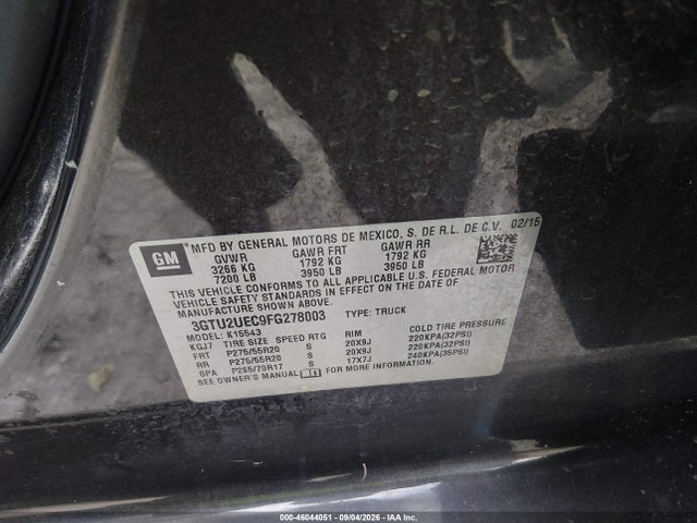 Aukcja sprzedaży 2015 Gmc Sierra 1500 Sle, vin: 3GTU2UEC9FG278003, numer aukcji: 46044051
