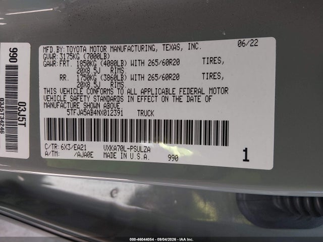Продажа на аукционе авто 2022 Toyota Tundra Limited, vin: 5TFJA5AB4NX012391, номер лота: 46044054