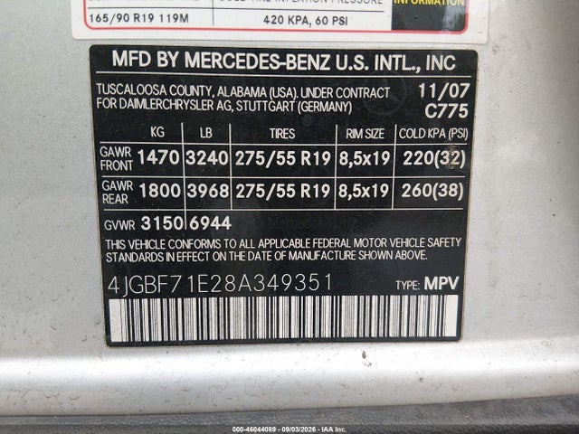 2008 Mercedes-benz Gl 450 4matic მანქანა იყიდება აუქციონზე, vin: 4JGBF71E28A349351, აუქციონის ნომერი: 46044089