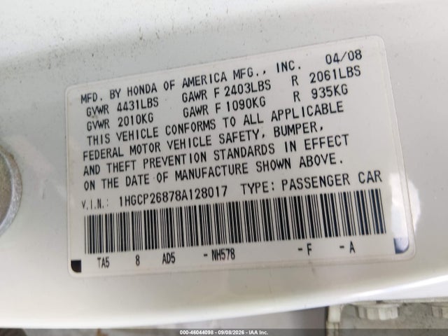 46044098 :رقم المزاد ، 1HGCP26878A128017 vin ، 2008 Honda Accord 2.4 Ex-l مزاد بيع