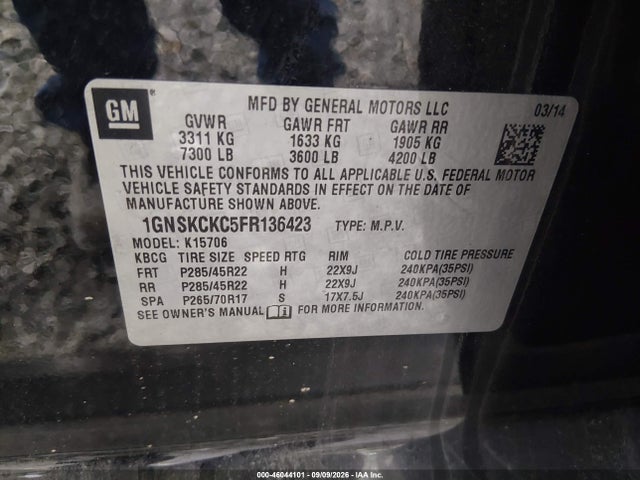 Aukcja sprzedaży 2015 Chevrolet Tahoe Ltz, vin: 1GNSKCKC5FR136423, numer aukcji: 46044101