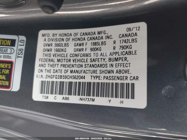 46044108 :رقم المزاد ، 2HGFG3B59CH562044 vin ، 2012 Honda Civic Lx مزاد بيع