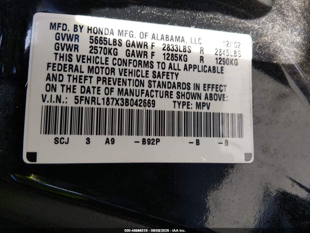 Aukcja sprzedaży 2003 Honda Odyssey Ex-l, vin: 5FNRL187X3B042669, numer aukcji: 46044111