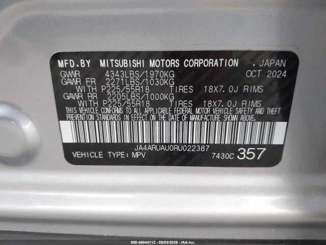 Aukcja sprzedaży 2024 Mitsubishi Outlander Sport 2.0 Es Awc, vin: JA4ARUAU0RU022387, numer aukcji: 46044112