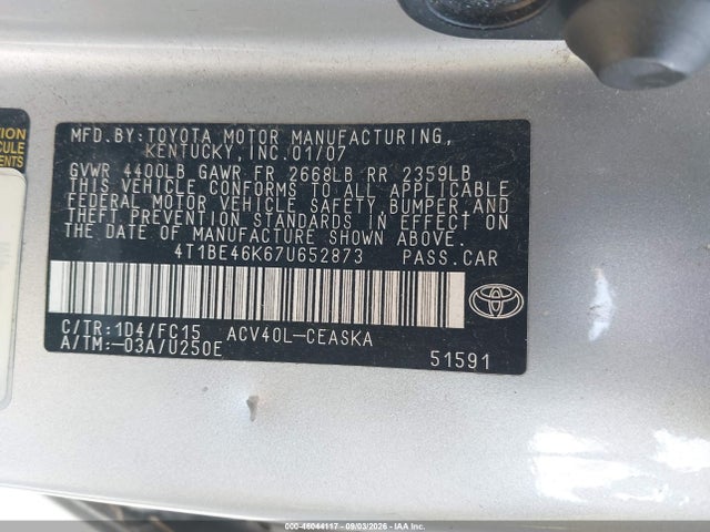 46044117 :رقم المزاد ، 4T1BE46K67U652873 vin ، 2007 Toyota Camry Se مزاد بيع