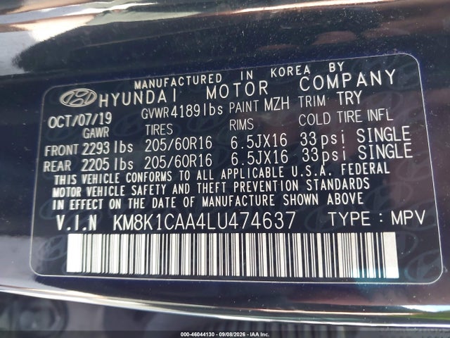 46044130 :رقم المزاد ، KM8K1CAA4LU474637 vin ، 2020 Hyundai Kona Se مزاد بيع