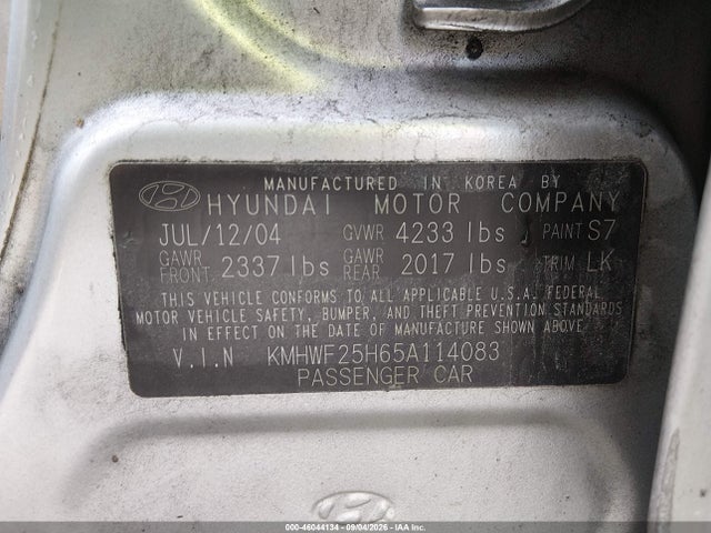 2005 Hyundai Sonata Gl V6 მანქანა იყიდება აუქციონზე, vin: KMHWF25H65A114083, აუქციონის ნომერი: 46044134