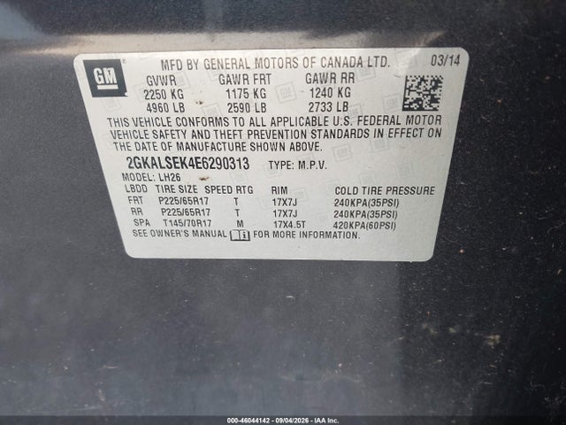 Aukcja sprzedaży 2014 Gmc Terrain Slt-1, vin: 2GKALSEK4E6290313, numer aukcji: 46044142