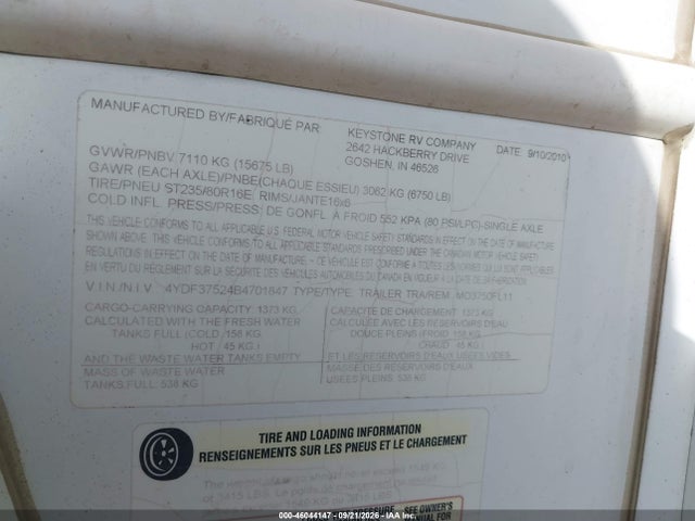 Продажа на аукционе авто 2011 Keystone Montana 3750 Fl, vin: 4YDF37524B4701847, номер лота: 46044147