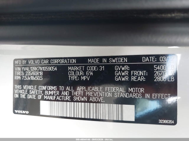 Продаж на аукціоні авто 2022 Volvo Xc60 B5 Momentum, vin: YV4L12RK7N1059054, номер лоту: 46044148