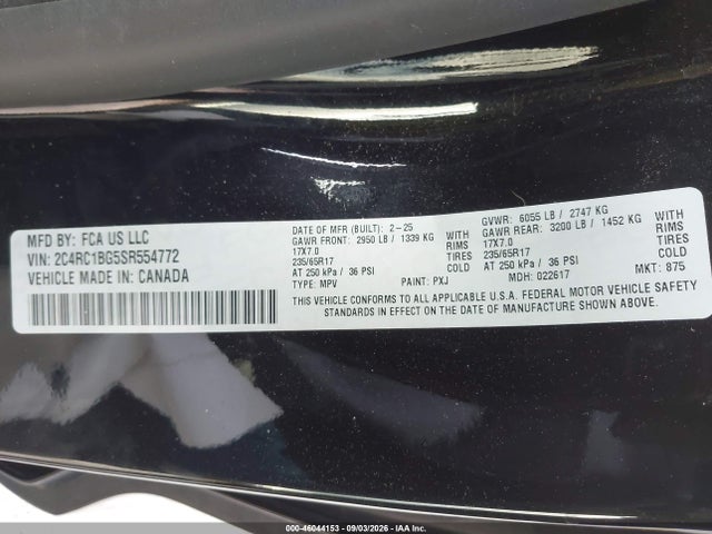 Aukcja sprzedaży 2025 Chrysler Pacifica Select, vin: 2C4RC1BG5SR554772, numer aukcji: 46044153