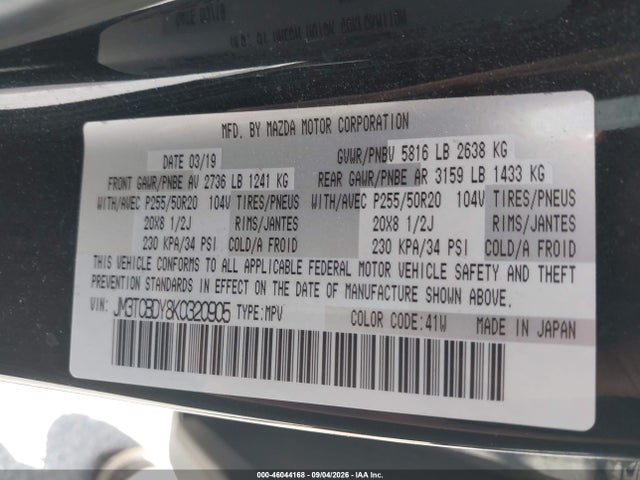 46044168 :رقم المزاد ، JM3TCBDY8K0320905 vin ، 2019 Mazda Cx-9 Grand Touring مزاد بيع