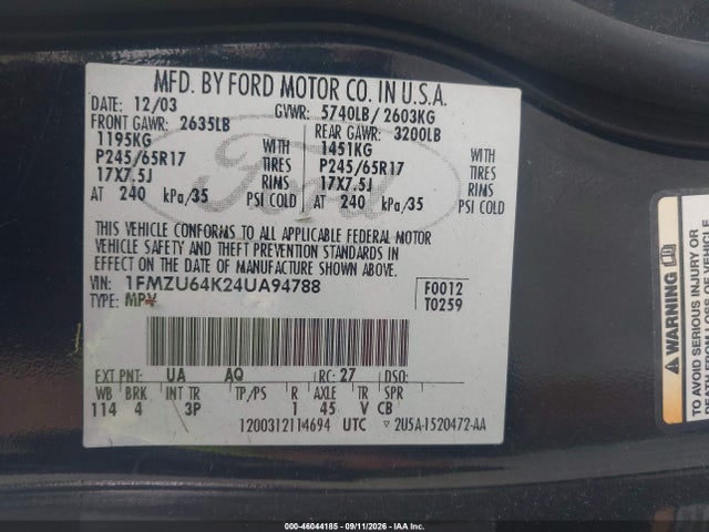 Продаж на аукціоні авто 2004 Ford Explorer Eddie Bauer, vin: 1FMZU64K24UA94788, номер лоту: 46044185