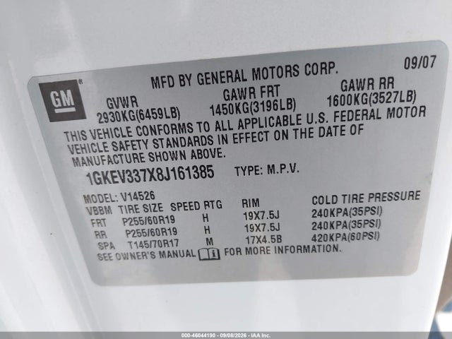 Продаж на аукціоні авто 2008 Gmc Acadia Slt-2, vin: 1GKEV337X8J161385, номер лоту: 46044190