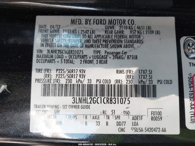 Aukcja sprzedaży 2012 Lincoln Mkz, vin: 3LNHL2GC1CR831075, numer aukcji: 46044192