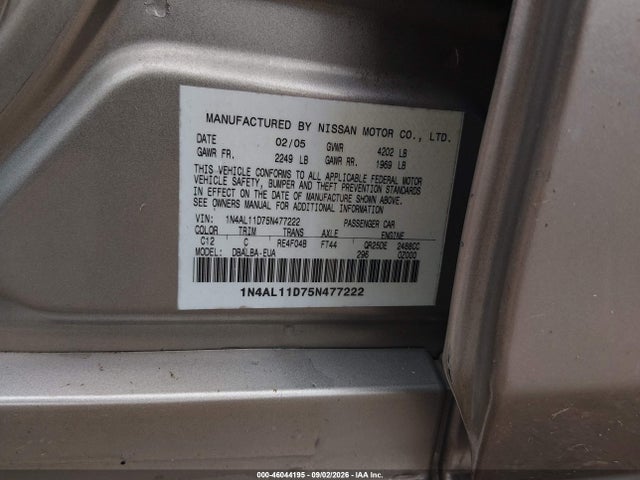 2005 Nissan Altima 2.5 S მანქანა იყიდება აუქციონზე, vin: 1N4AL11D75N477222, აუქციონის ნომერი: 46044195