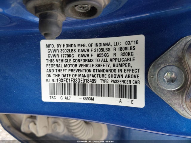 Aukcja sprzedaży 2016 Honda Civic Ex-t, vin: 19XFC1F33GE018499, numer aukcji: 46044197