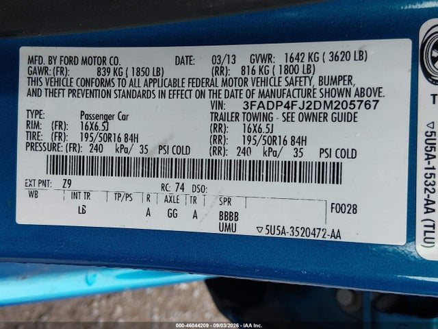 2013 Ford Fiesta Titanium მანქანა იყიდება აუქციონზე, vin: 3FADP4FJ2DM205767, აუქციონის ნომერი: 46044209