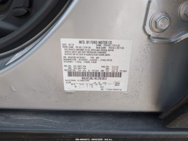 46044212 :رقم المزاد ، MAJ6S3KL1KC285831 vin ، 2019 Ford Ecosport Titanium مزاد بيع
