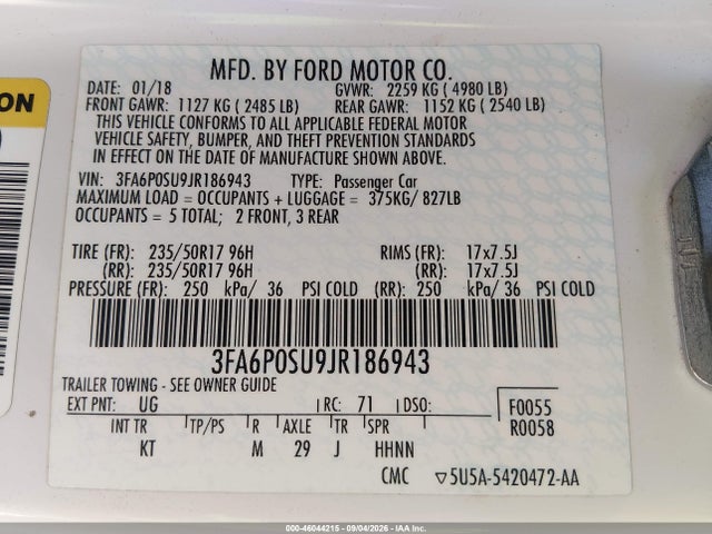2018 Ford Fusion Energi Platinum/titanium მანქანა იყიდება აუქციონზე, vin: 3FA6P0SU9JR186943, აუქციონის ნომერი: 46044215