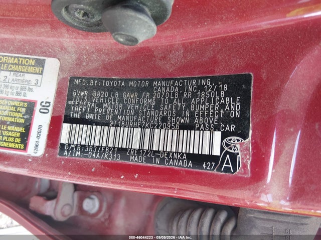 Продажа на аукционе авто 2019 Toyota Corolla Le, vin: 2T1BURHE7KC220956, номер лота: 46044223
