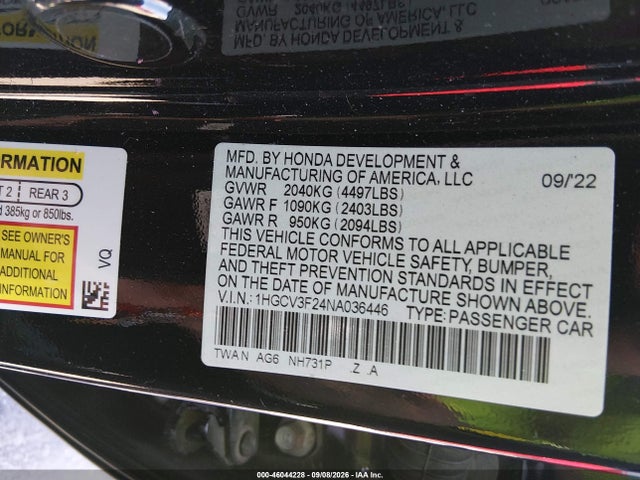 2022 Honda Accord Hybrid Sport მანქანა იყიდება აუქციონზე, vin: 1HGCV3F24NA036446, აუქციონის ნომერი: 46044228