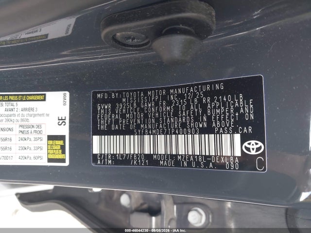 46044230 :رقم المزاد ، 5YFB4MDE7TP400903 vin ، 2026 Toyota Corolla Le مزاد بيع