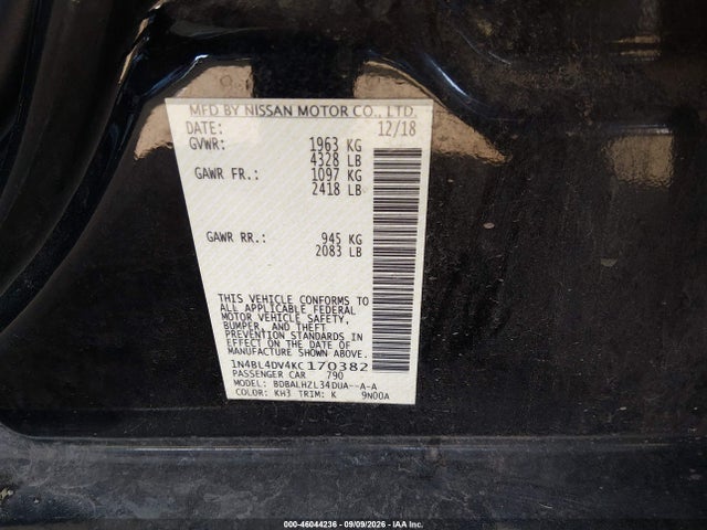 Aukcja sprzedaży 2019 Nissan Altima 2.5 Sv, vin: 1N4BL4DV4KC170382, numer aukcji: 46044236