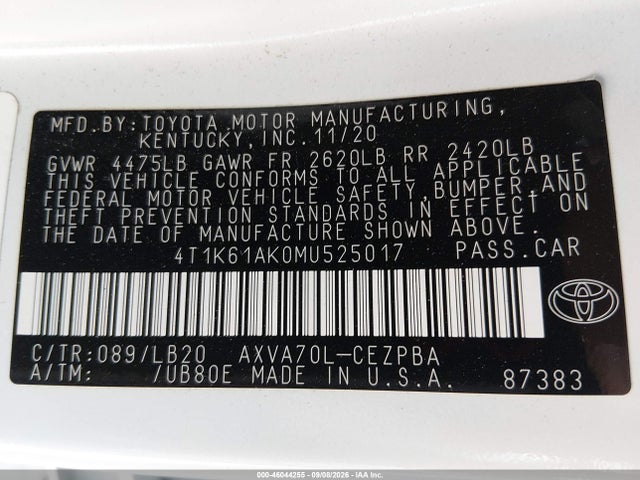 2021 Toyota Camry Xse მანქანა იყიდება აუქციონზე, vin: 4T1K61AK0MU525017, აუქციონის ნომერი: 46044255