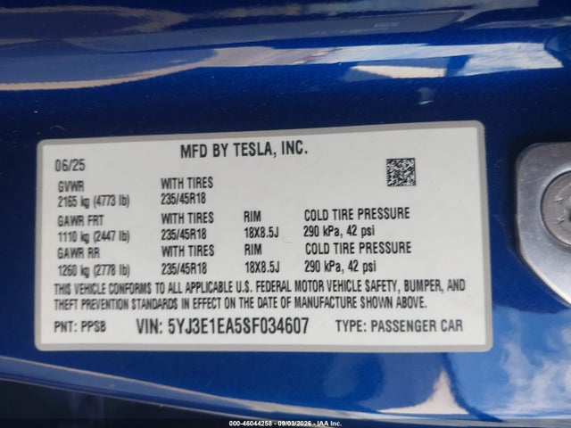5YJ3E1EA5SF034607 Tesla Model 3 Long Range Rear-wheel Drive/standard Rear-wheel Drive
