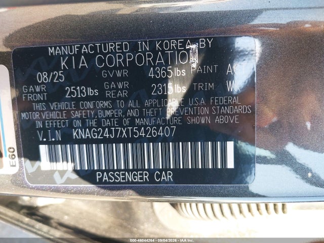 46044264 :رقم المزاد ، KNAG24J7XT5426407 vin ، 2026 Kia K5 Lxs Fwd مزاد بيع