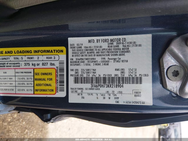 Продаж на аукціоні авто 2019 Ford Fusion Se, vin: 3FA6P0H73KR218904, номер лоту: 46044270