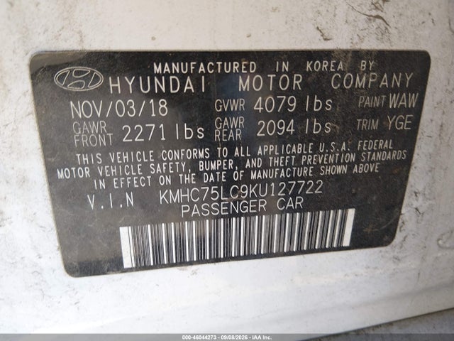 Auction sale of the 2019 Hyundai Ioniq Hybrid Sel, vin: KMHC75LC9KU127722, lot number: 46044273