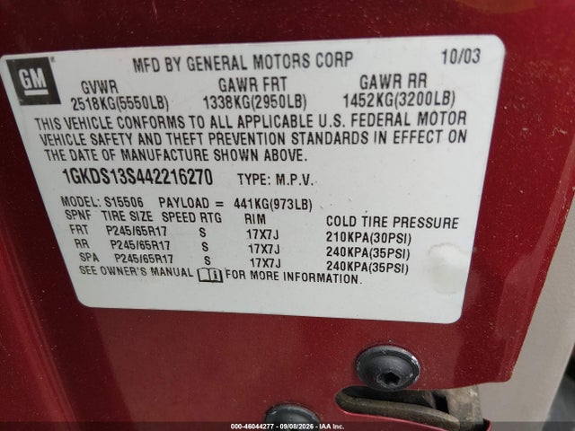 46044277 :رقم المزاد ، 1GKDS13S442216270 vin ، 2004 Gmc Envoy Sle مزاد بيع