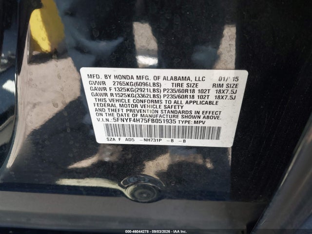 Продаж на аукціоні авто 2015 Honda Pilot Ex-l, vin: 5FNYF4H75FB051935, номер лоту: 46044278