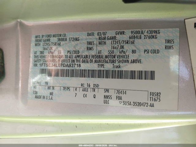 Продажа на аукционе авто 2007 Ford E-350 Super Duty Commercial/recreational, vin: 1FTSE34L07DA93718, номер лота: 46044283