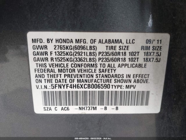 46044285 :رقم المزاد ، 5FNYF4H6XCB006590 vin ، 2012 Honda Pilot Ex-l مزاد بيع