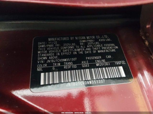 2022 Nissan Rogue Sport Sl Fwd Xtronic Cvt მანქანა იყიდება აუქციონზე, vin: JN1BJ1CV0NW351307, აუქციონის ნომერი: 46044288