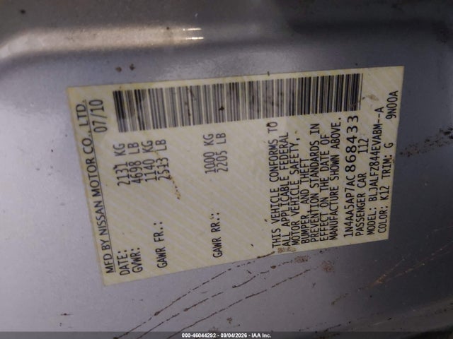 2010 Nissan Maxima 3.5 Sv მანქანა იყიდება აუქციონზე, vin: 1N4AA5AP7AC868433, აუქციონის ნომერი: 46044292
