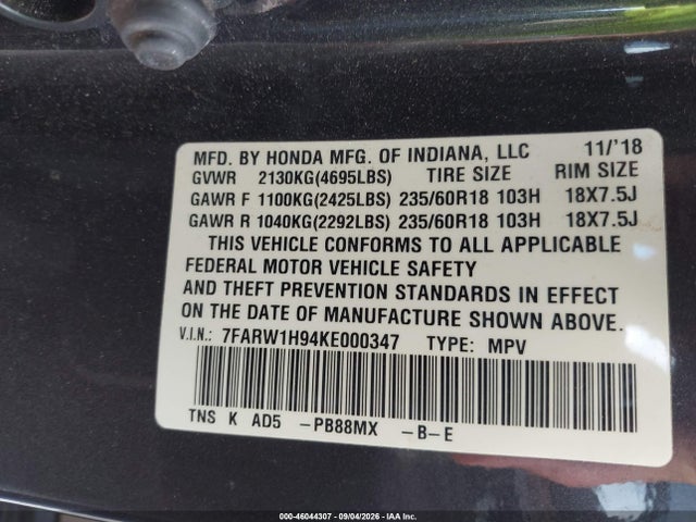 Aukcja sprzedaży 2019 Honda Cr-v Touring, vin: 7FARW1H94KE000347, numer aukcji: 46044307