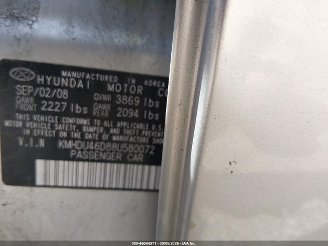 Aukcja sprzedaży 2008 Hyundai Elantra Gls/se, vin: KMHDU46D88U580072, numer aukcji: 46044311