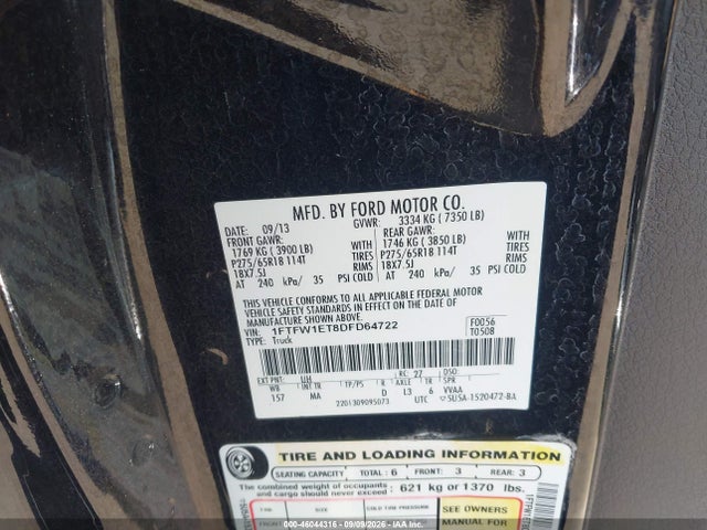 Продажа на аукционе авто 2013 Ford F-150 Xlt, vin: 1FTFW1ET8DFD64722, номер лота: 46044316