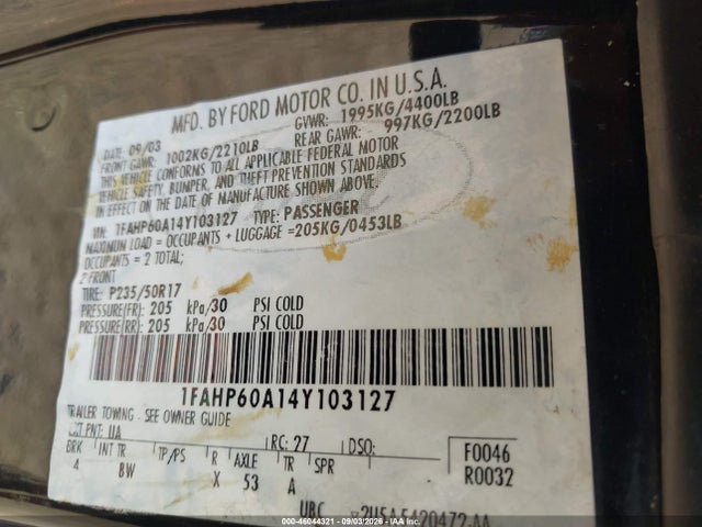 2004 Ford Thunderbird მანქანა იყიდება აუქციონზე, vin: 1FAHP60A14Y103127, აუქციონის ნომერი: 46044321