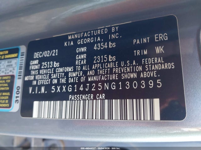 Auction sale of the 2022 Kia K5 Lxs, vin: 5XXG14J25NG130395, lot number: 46044327